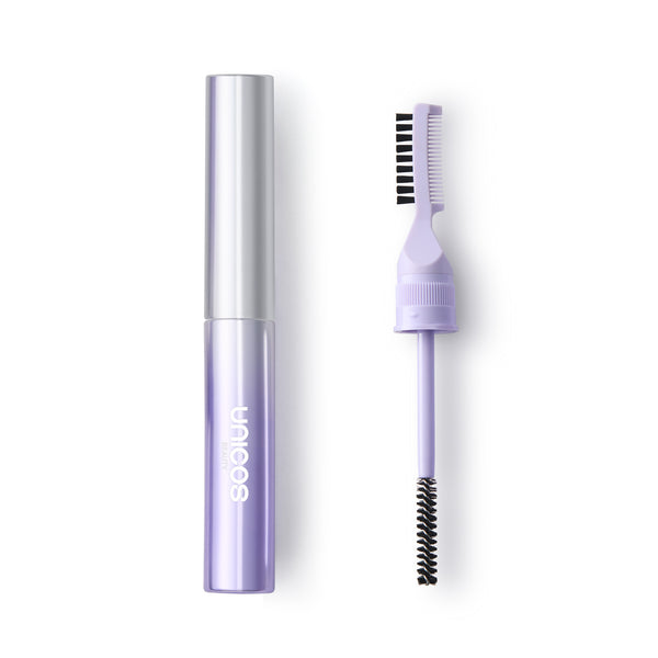 A lavender and silver cosmetic tube shown next to its applicator wand, which features a dual-ended brush head with black bristles and a lavender twist-up applicator. The brand name 'uniboo' is printed vertically on the tube.