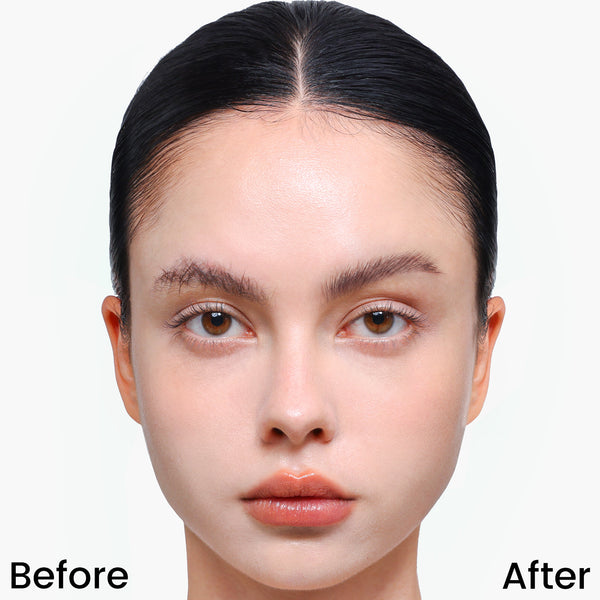 A close-up before-and-after comparison of a woman's face, showing natural skin texture and makeup application. The left side is labeled 'Before' and shows a more matte, unstyled look, while the right side is labeled 'After' and shows a smoother, more polished complexion against a plain white background.