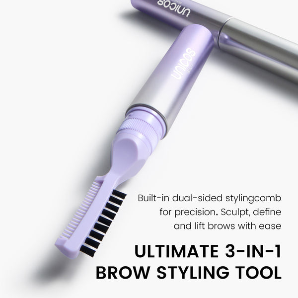 A lavender and silver 3-in-1 eyebrow styling tool shown on a clean white background with promotional text. The tool features a dual-sided comb attachment for brow shaping and lifting, with the brand name 'unicun' visible on the handle.