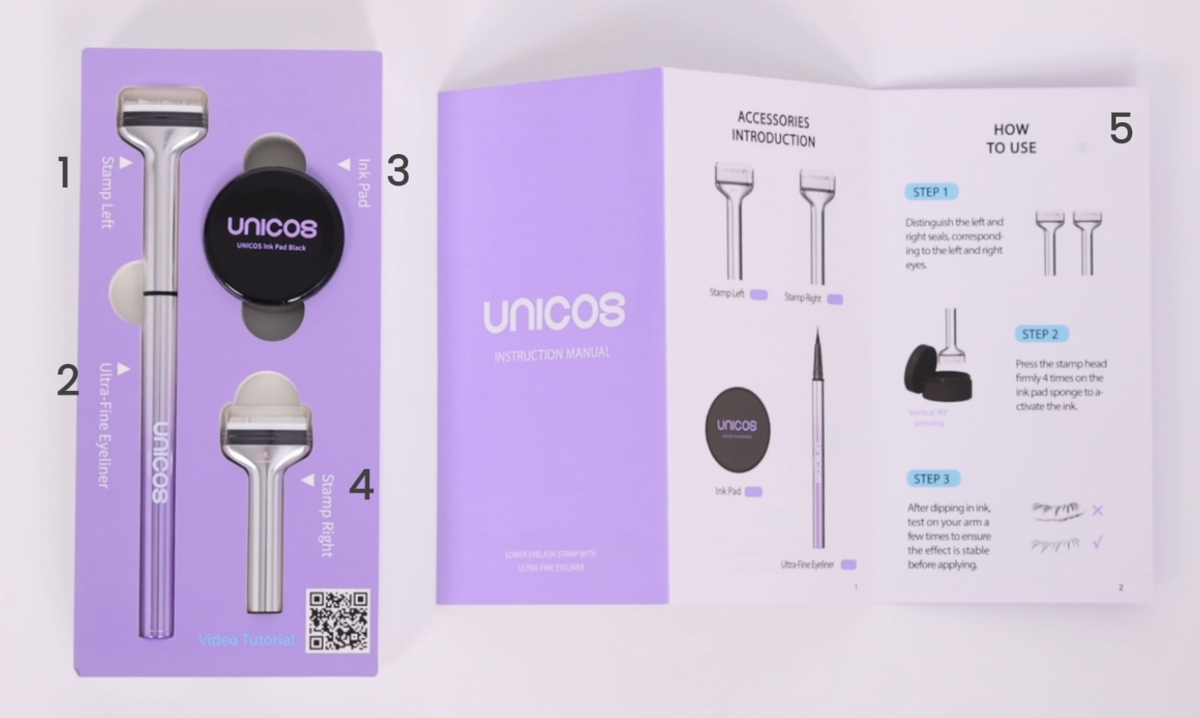 UNICOS Lower Eyelash Stamp kit contents — left and right stamps, ultra-fine eyeliner, ink pad and the instruction manual
